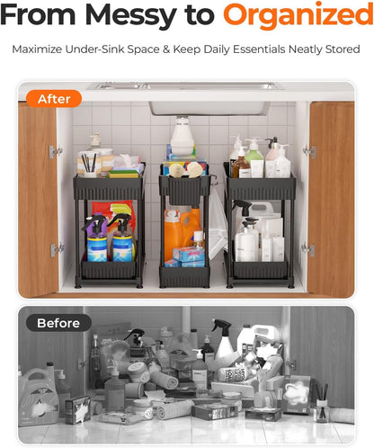 Sevenblue Under Sink Organizer 3 Pack, Bathroom Organizers, 2 Tier Multi-Use kitchen Organizers and Storage with Sliding Drawer, Hang Hooks and Cups, (Black)