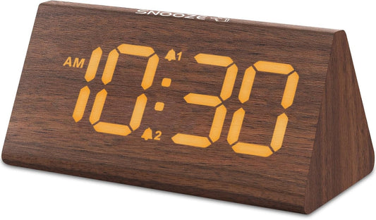 Odokee Wooden Digital Alarm Clock for Bedroom: Electric Desk Clock with Large LED Display - Brown