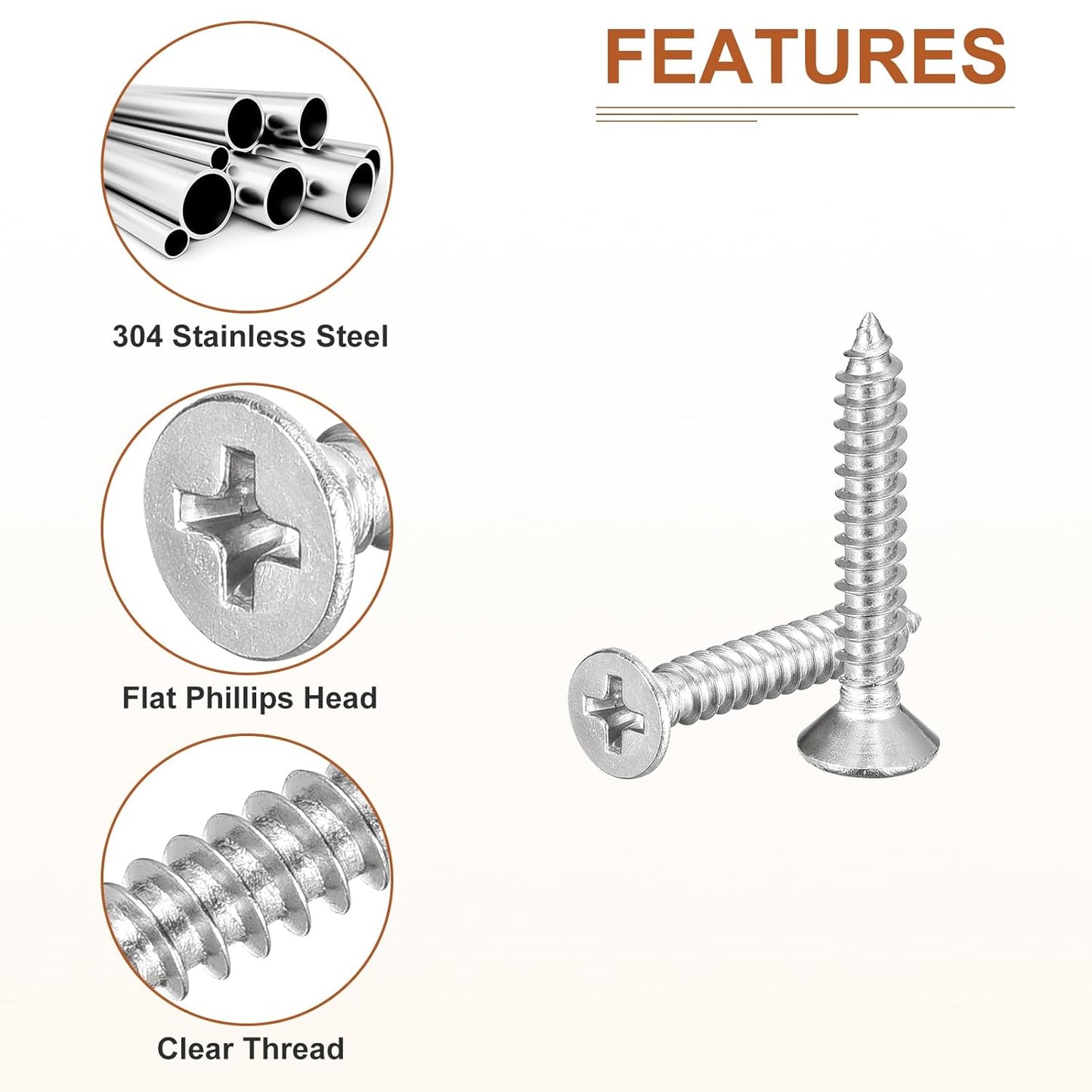 DTGN 100Pcs #8x1 Flat Head Wood Screws, 304 Stainless Steel Phillips Self Tapping Screws - Good for Woodworking, Furniture - Silver