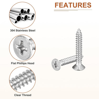 DTGN 100Pcs #8x1 Flat Head Wood Screws, 304 Stainless Steel Phillips Self Tapping Screws - Good for Woodworking, Furniture - Silver