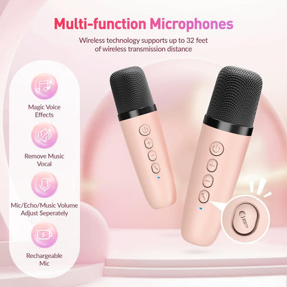 Mini Karaoke Machine, Portable Bluetooth Karaoke Speaker with 2 Wireless Microphones and Party Lights for Kids and Adults, Birthday Gifts for Girls Boys Family Home Party (Hotpink)