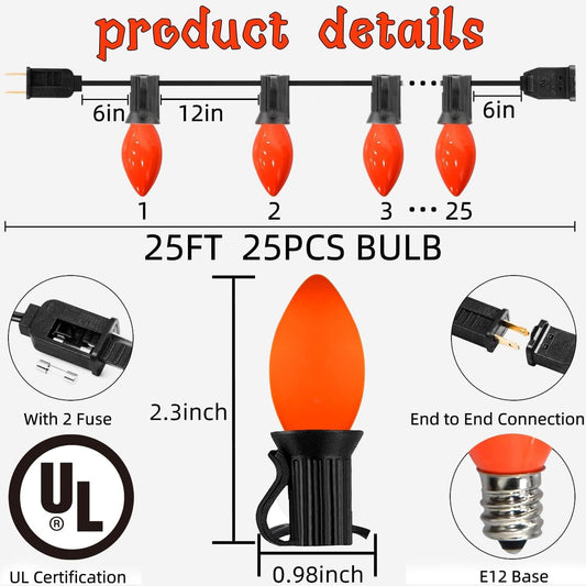 SOTOPOO C7 LED Orange Halloween Lights, 25FT Ceramic Orange Halloween Lights Outdoor Indoor with 25 LED C7 Bulbs, Great as Halloween Home Yard Door Tree Party Decorations Lights (2 LED Spare Bulbs) - PuriLite