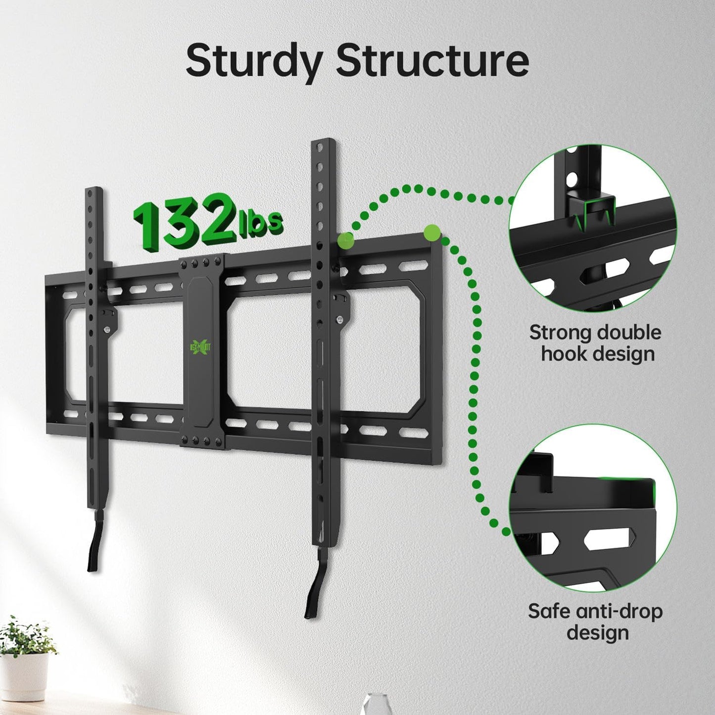 USX MOUNT UL Listed Fixed TV Wall Mount for 37-82 Inch TVs up to 132 Lbs, Low Profile TV Wall Bracket Fit Wood Studs 16", 18", 24", TV Mount with Max VESA 600x400mm, Quick Locked and Release, XFL090