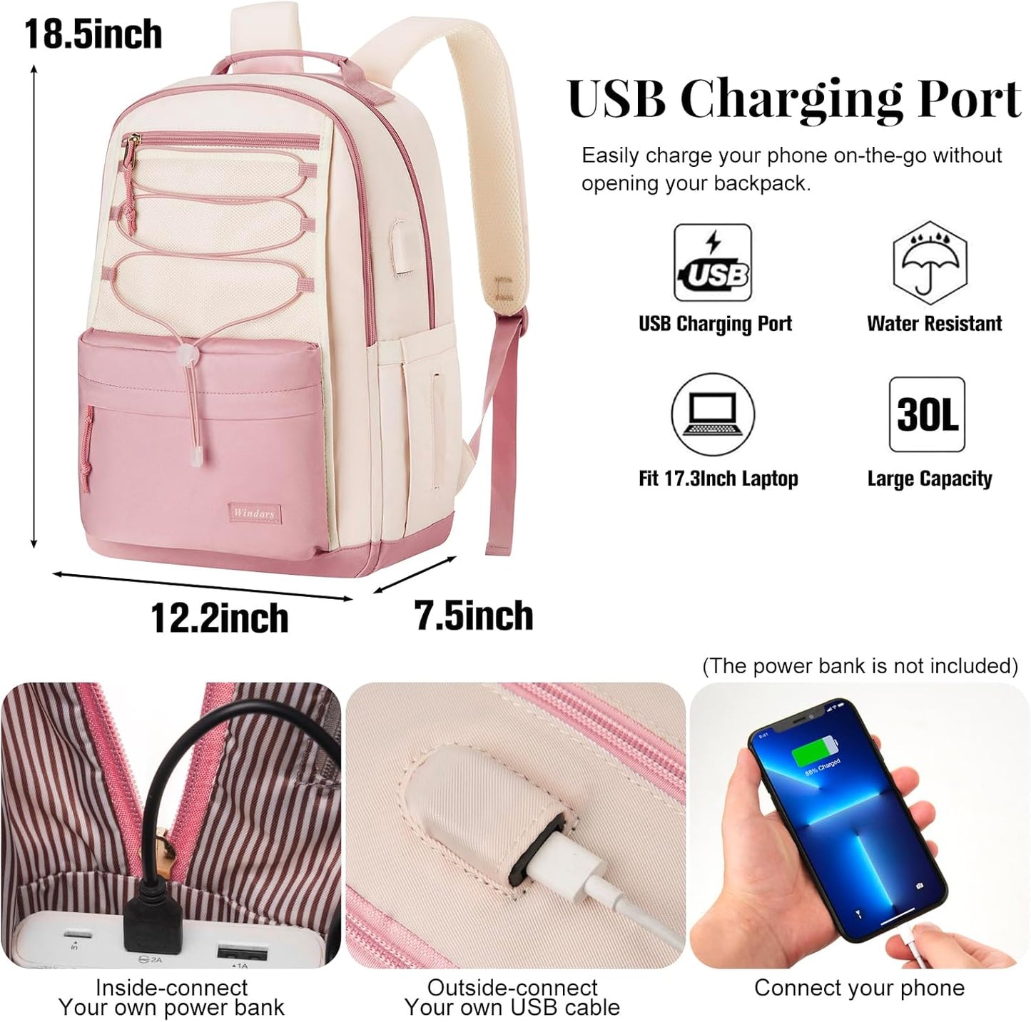 WINDARS School Backpack for Teens Girls, Aesthetic College Backpack Large Bookbag for Women Students Fashion 15.6 Inch Laptop Bag for Work Travel (Khaki Beige)