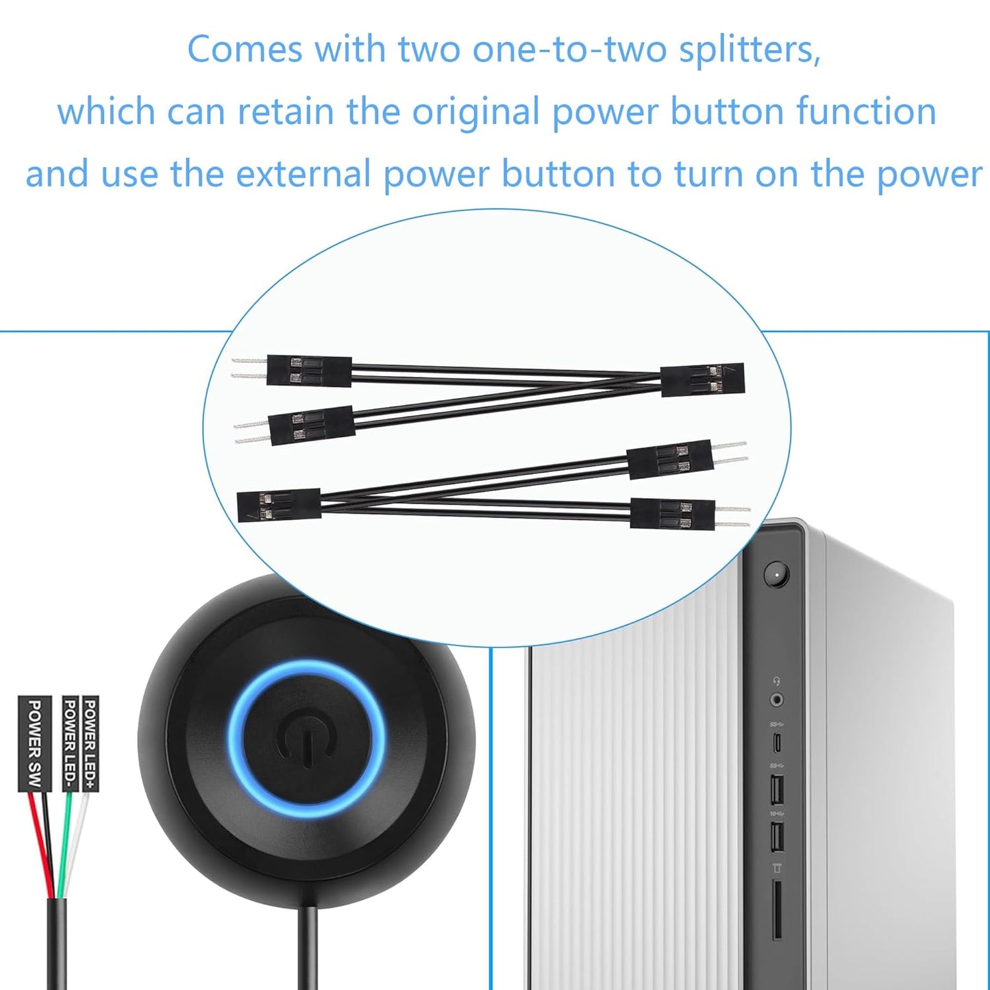 SinLoon PC Power Switch, Desktop Computer, Power Switch, External Remote Start, 6.5 ft PC Motherboard, PC Power Button External, Extension Cable with LED Light (White)
