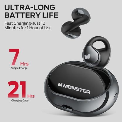 Monster Wireless Earbuds,Bluetooth 5.4 Clip-On Earbuds with HiFi Stereo,Open Ear Headphones with ENC Clear Call,21H Playtime,Fast Charge,Touch Control,IPX6 Waterproof Wireless Headphones for Sport
