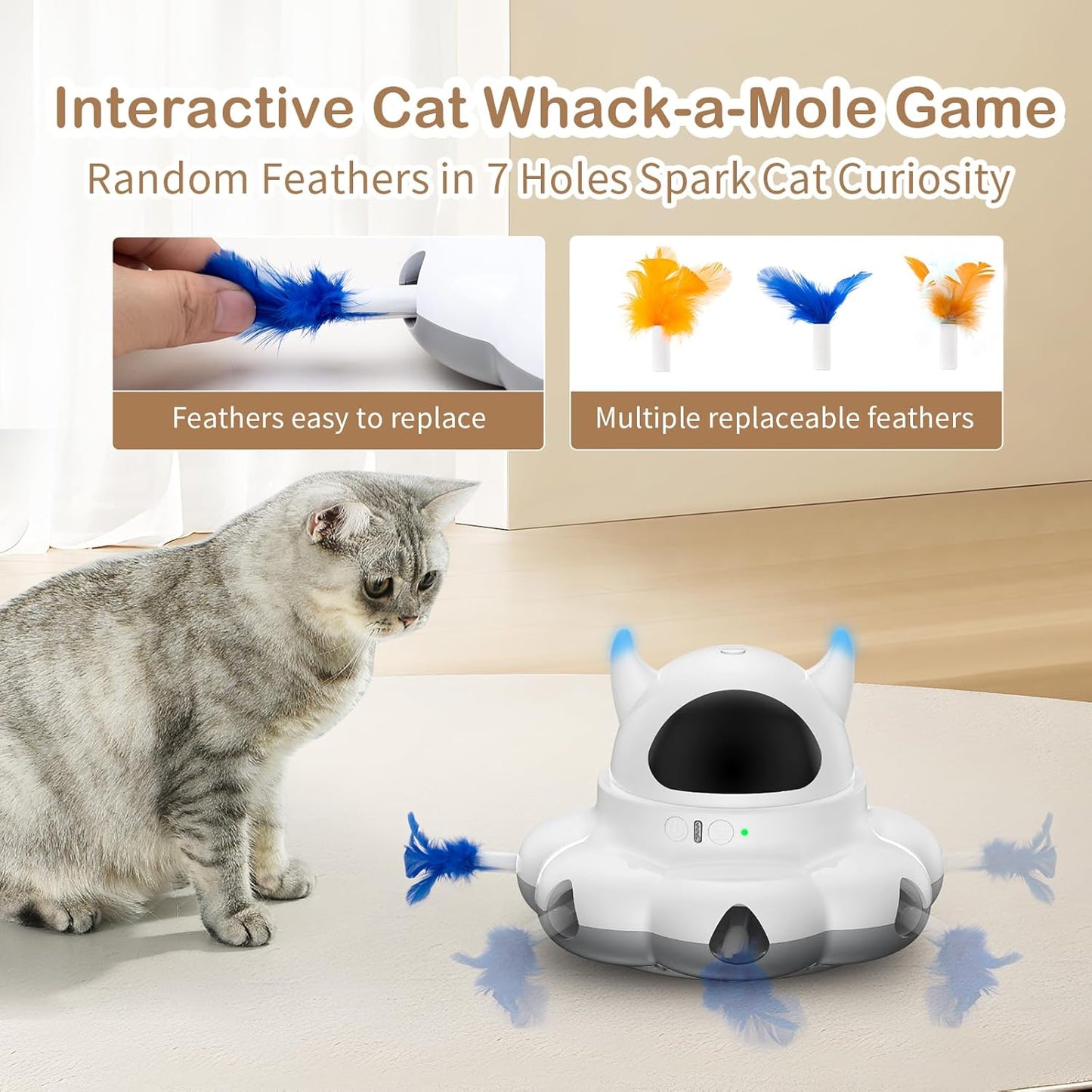 Cosicosy 2-in-1 Interactive Cat Toys for Indoor Cats, Automatic Cat Toy with 8 Holes Mice Whack A Mole Moving Feather, Smart Cat Toy (White)