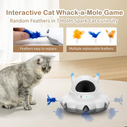 Cosicosy 2-in-1 Interactive Cat Toys for Indoor Cats, Automatic Cat Toy with 8 Holes Mice Whack A Mole Moving Feather, Smart Cat Toy (White)