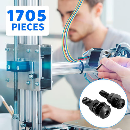 1705 Pcs Machine Screw Assortment Kit, M2 M3 M4 M5 Metric Bolts and Nuts Kit with Lock and Flat Washers, Hex Button Head 10.9 Alloy Steel Cap Screw Set with Allen Wrench