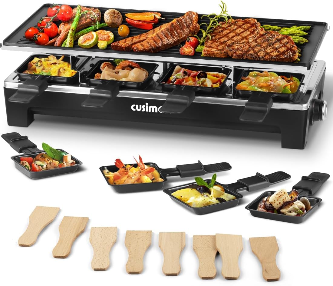 Raclette Table Grill, CUSIMAX Electric Indoor Grill, Portable Korean BBQ Grill with 2 in 1 Reversible Non-stick Plate& Natural Grill Stone, 1500W Electric Party Grill, 8 Raclette Pans& Wooden Spatulas