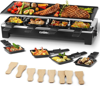 Raclette Table Grill, CUSIMAX Electric Indoor Grill, Portable Korean BBQ Grill with 2 in 1 Reversible Non-stick Plate& Natural Grill Stone, 1500W Electric Party Grill, 8 Raclette Pans& Wooden Spatulas