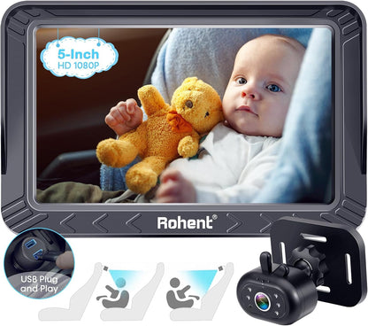 Rohent Baby Car Camera HD 1080P - Rear-Facing Infant Monitor with Night Vision Car Camera for Baby 150° Wide-Angle Lens Anti-Glare Screen Easy Install 360° Adjustable Display