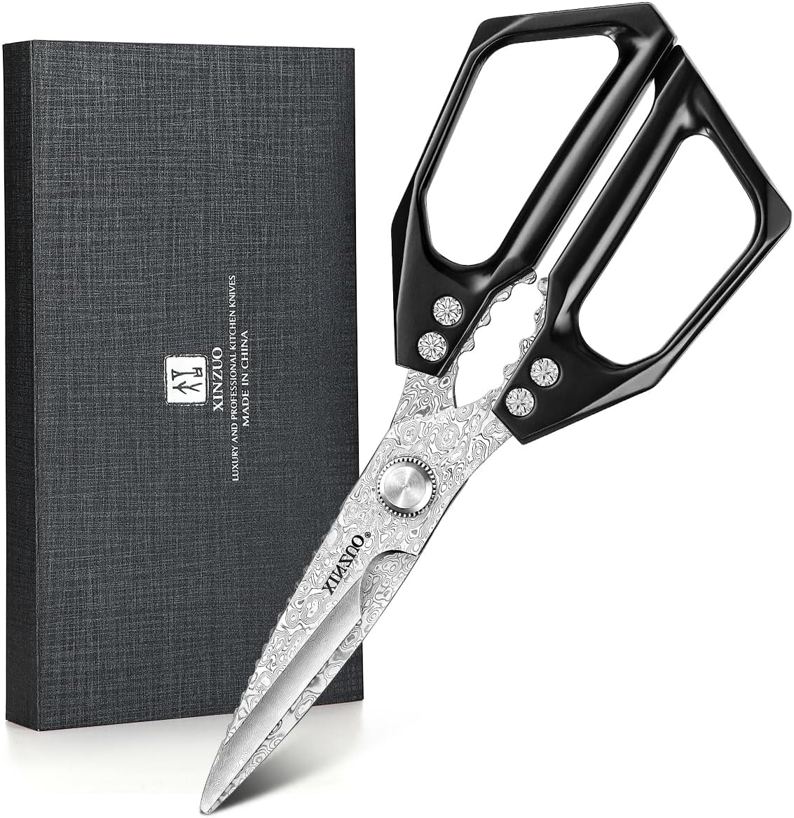 XINZUO Damascus Kitchen Shears – 110 Layer High Carbon Steel Poultry Scissors, Heavy Duty Kitchen Scissors for Chicken, Meat & Seafood, Multi-Purpose Chef Scissors