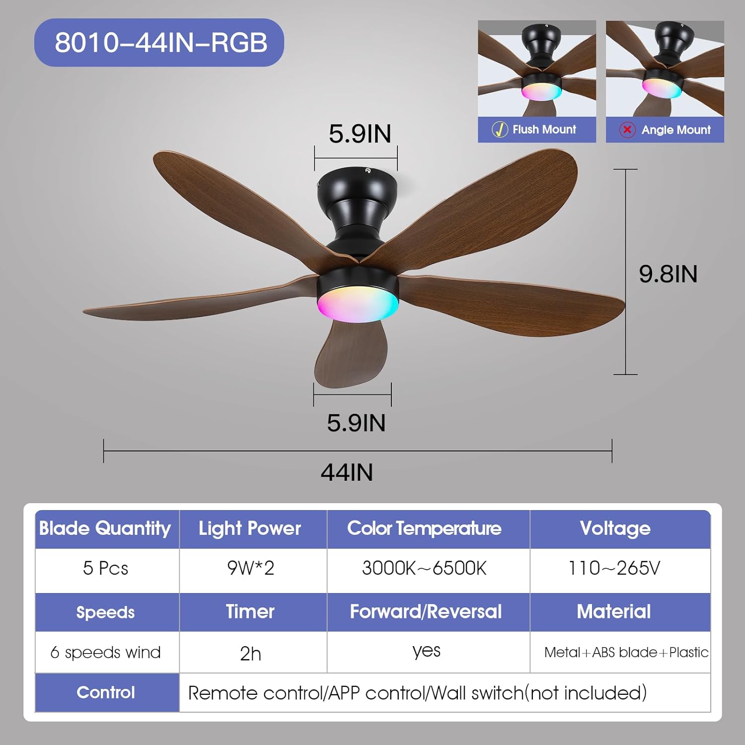 Modern Ceiling Fans with Lights Remote/APP Control, 29" Flush Mount Ceiling Fans with 3 CCT Dimmable Lights, Low Profile Ceiling Fans with 5 Propeller Blades LED Lights for Kids Room Bedroom, Brown - PuriLite