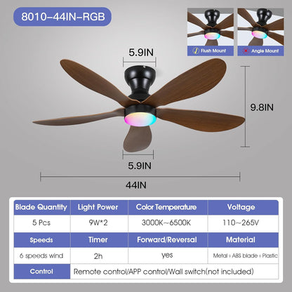 Modern Ceiling Fans with Lights Remote/APP Control, 29" Flush Mount Ceiling Fans with 3 CCT Dimmable Lights, Low Profile Ceiling Fans with 5 Propeller Blades LED Lights for Kids Room Bedroom, Brown - PuriLite