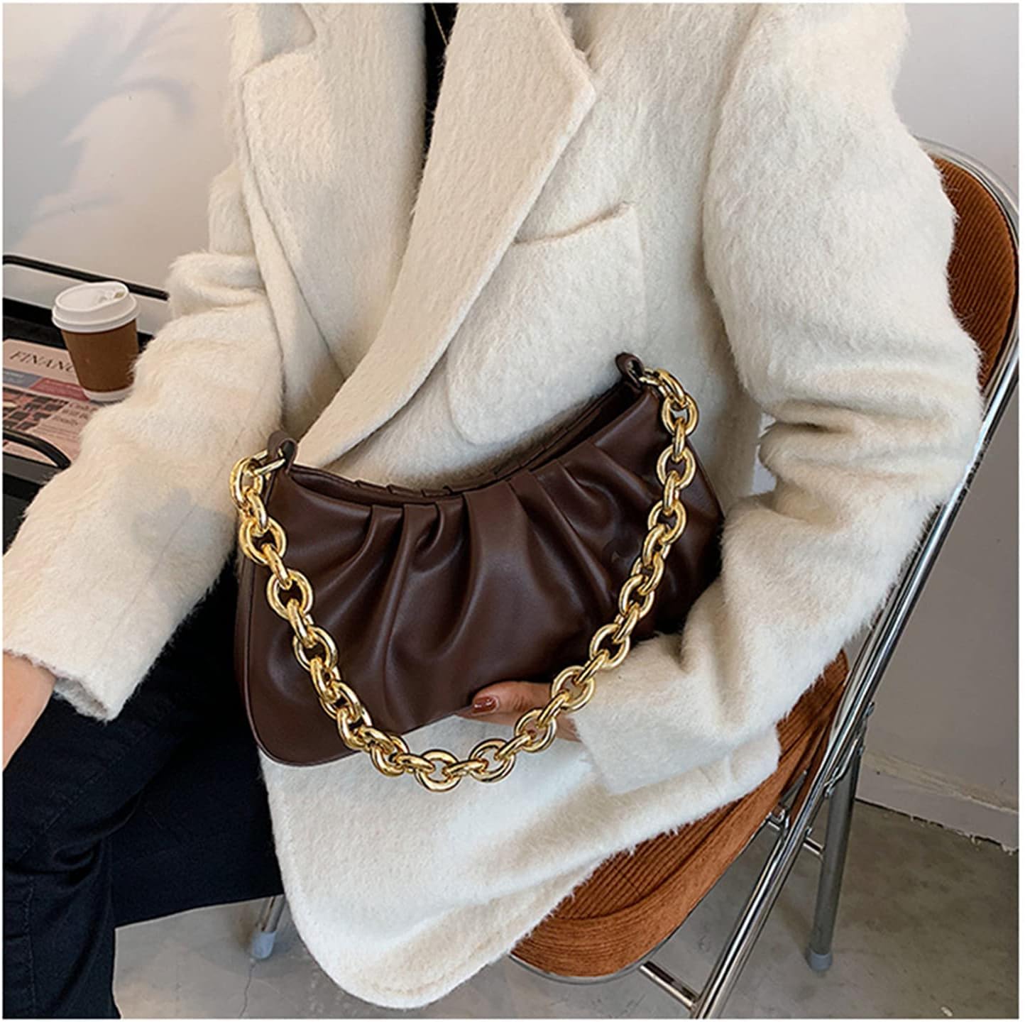 JOLLQUE Shoulder Bag for Women,Small Leather Handbag Purse,Gold Chain Evening Clutch