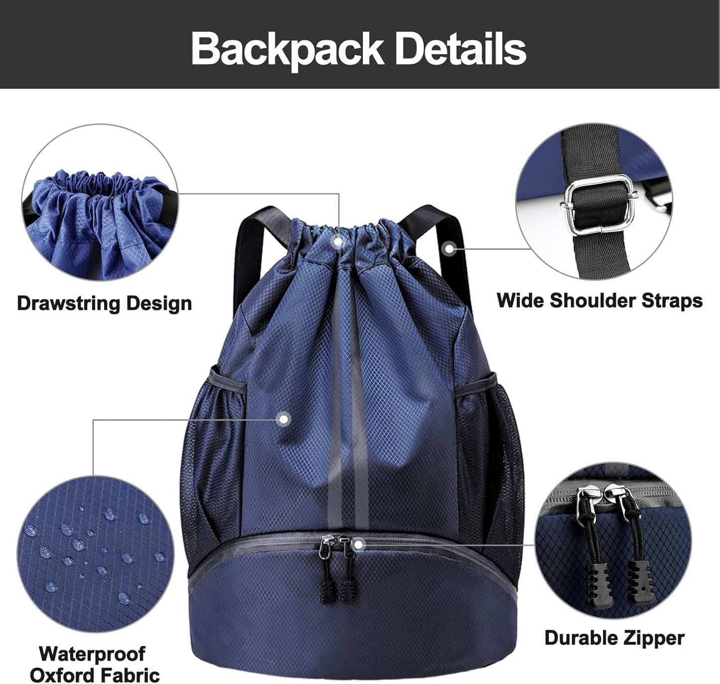 Hoedia Sports Drawstring Backpack - String Swim Gym Bag with Shoes Compartment and Wet Proof Pocket for Women/Men