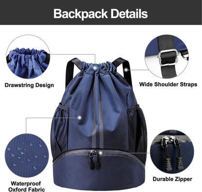 Hoedia Sports Drawstring Backpack - String Swim Gym Bag with Shoes Compartment and Wet Proof Pocket for Women/Men