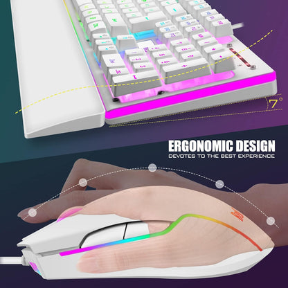 RedThunder K10 Wired Gaming Keyboard and Mouse Combo, True Backlit, Soft Leather Wrist-Rest, Mechanical Feel Anti-ghosting Keyboard + 7D 3200DPI Mice for PC Gamer (White)