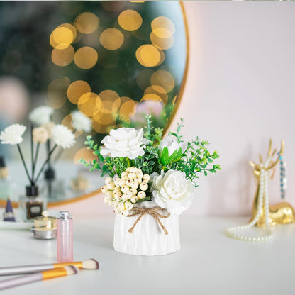 BLOSMON White Fake Flowers with Vase: Small Coffee Table Decor Bathroom Hydrangea Faux Flowers in Vase Office Desk Shelf Home Living Room Bedroom Vanity nightstand Decorations Floral Arrangement
