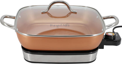 MegaChef - Electric frying pan with copper non-stick coating, tempered glass lid and adjustable temperature control, versatile small kitchen appliance (11.81 inch pan)