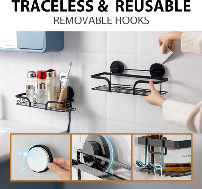 LEVERLOC Shower Caddy Suction Cup, 2 Pack Black Shower Shelf with Hooks and Soap Holder, NO-Drilling Bathroom Organizer, Rustproof Metal Bathroom Storage and Organization