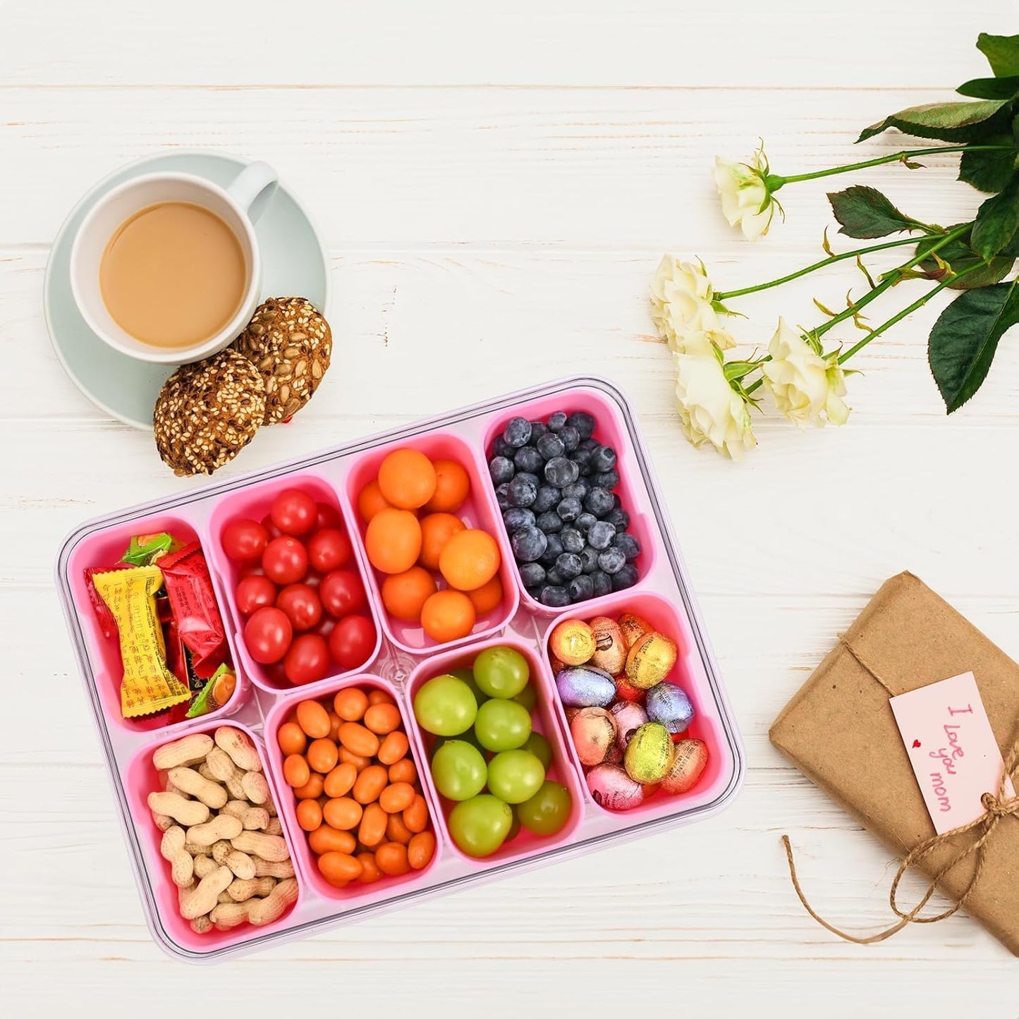 KIGITIONE Snackle Box, Pink 8 Compartments Portable Serving Tray, Divided Snackle Box Container with Lid and Handle, Snack Organizer for Fruits, Snacks, Nuts, Candy, Ideal for Party, Travel & Picnics