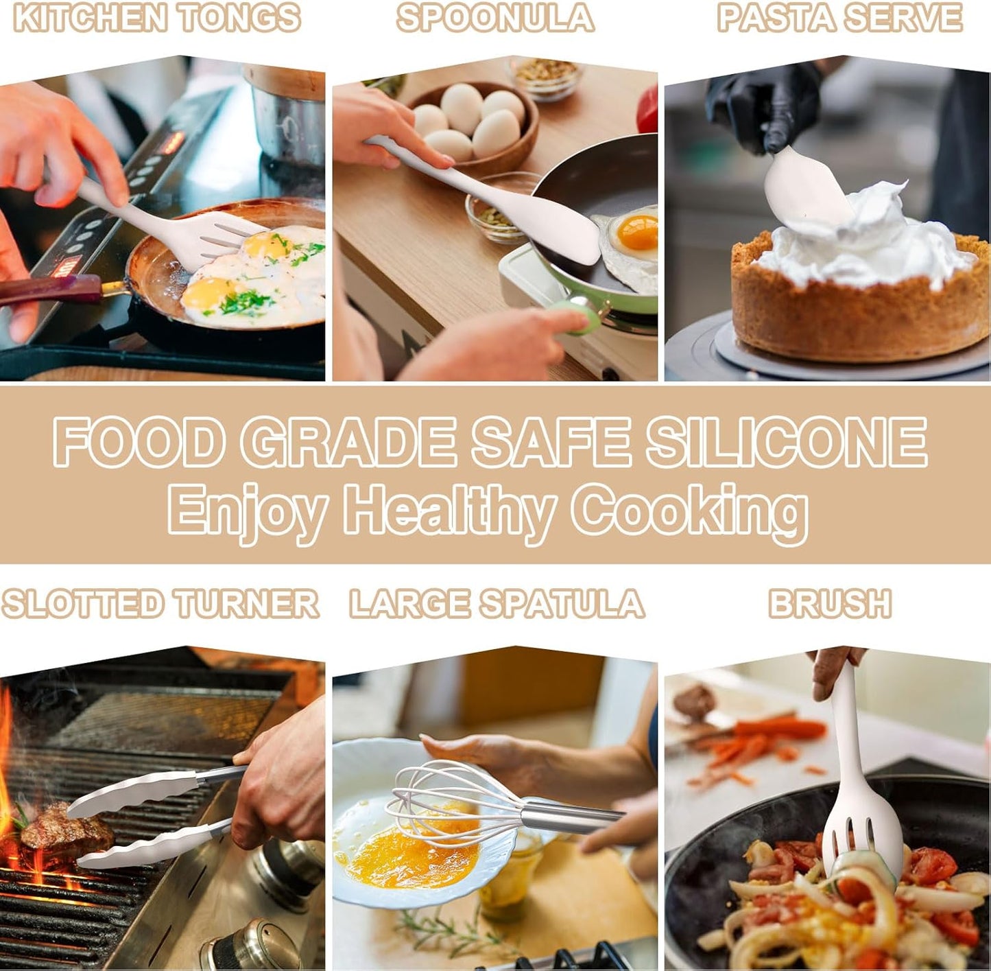 Silicone Kitchen Cooking Utensils Set, Umite Chef 22Pcs Heat Resistant Kitchen Utensils, Spatula, Spoon, Whisk, Dishwasher Safe Kitchen Utensil Gadgets Tools Set for Nonstick Cookware(Khaki)