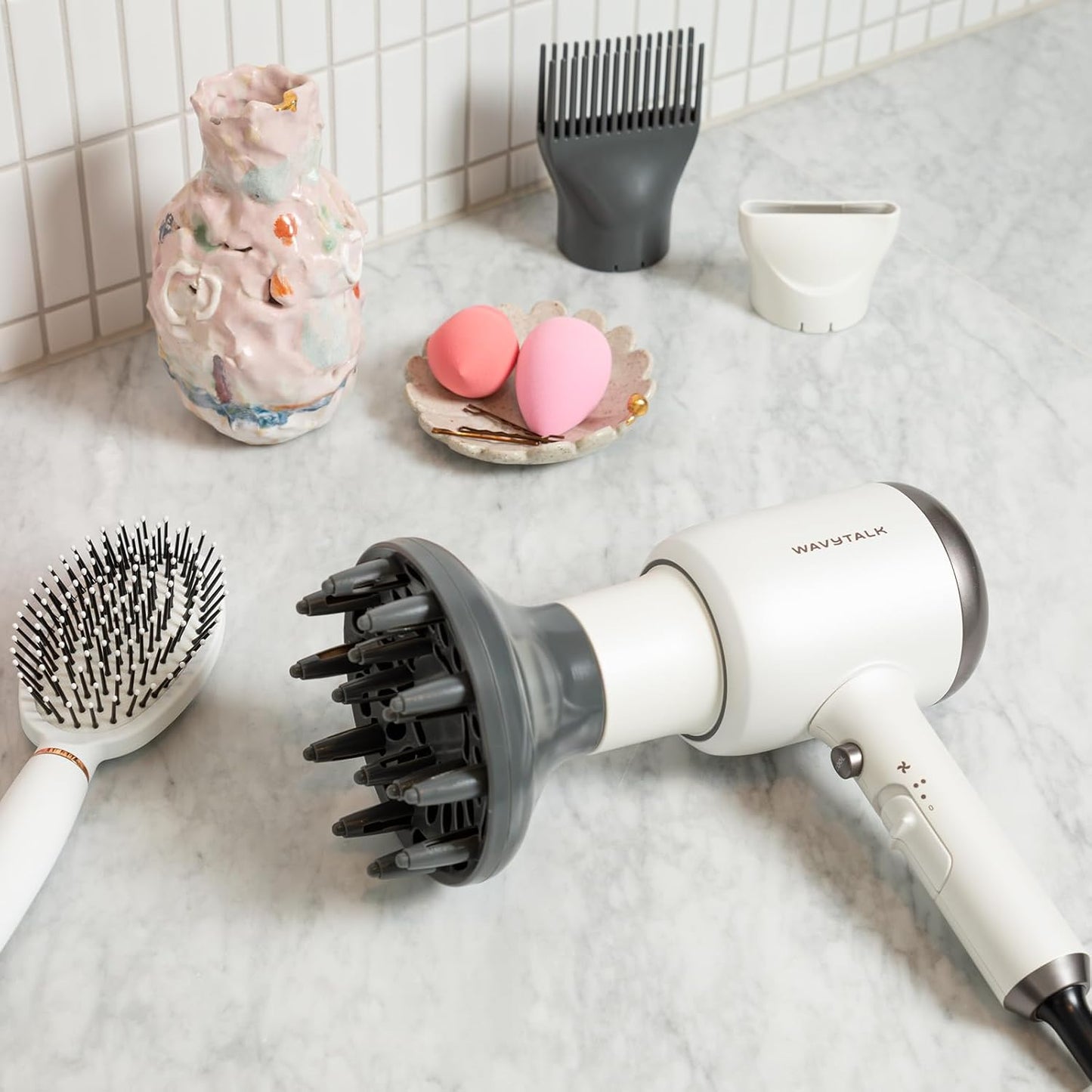 Wavytalk Hair Dryer with Diffuser, Blown Away Ionic Blow Dryer | 1875W Fast Drying, 3 Attachments for All Hair Types, Ceramic Technology, Compact Design, Lightweight and Quiet
