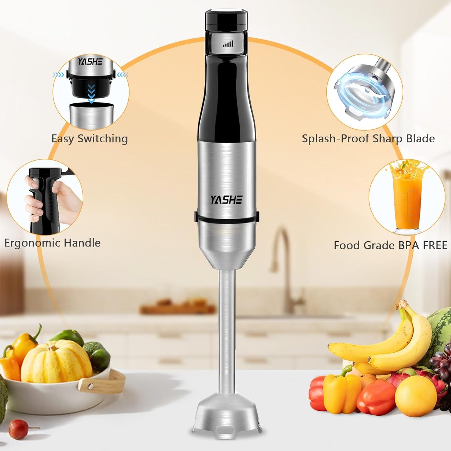 YASHE Immersion Blender, 5 in 1 Handheld Blender, Continuously Variable Speed, Stainless Steel Blender Stick, Emulsion Blender with Chopper, Whisk and Milk Frother for Meat, soups and Baby Food