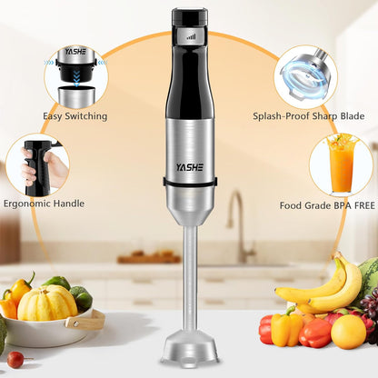 YASHE Immersion Blender, 5 in 1 Handheld Blender, Continuously Variable Speed, Stainless Steel Blender Stick, Emulsion Blender with Chopper, Whisk and Milk Frother for Meat, soups and Baby Food