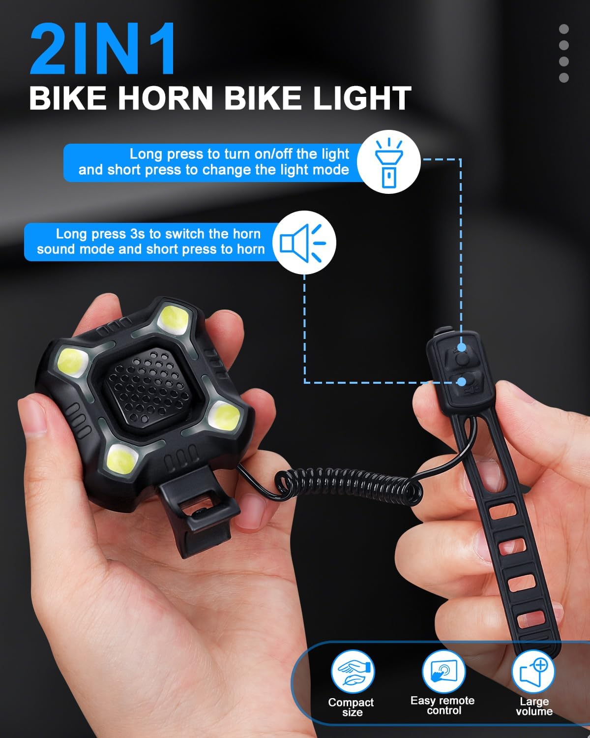 EQIIO 140dB Electric Bike Horn with Headlight, 2 in 1 Bicycle Horn 6 Sound Modes USB-C Rechargeable, Bike Bell with Large Range Floodlight Bike Horn for Adults Kids Bike Scooter Ebike, IPX6 Waterproof