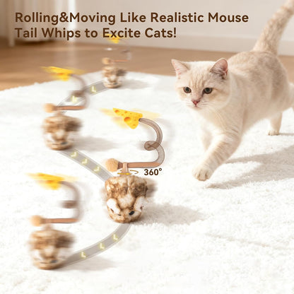 Migipaws Interactive MigiMouse Cat Toy 360° Rolling & Spin with Wiggling Tail for Indoor Cats Smart Motion Sensor, Realistic Squeak, Rechargeable Plush Kitten Toy (Brown Long Plush)