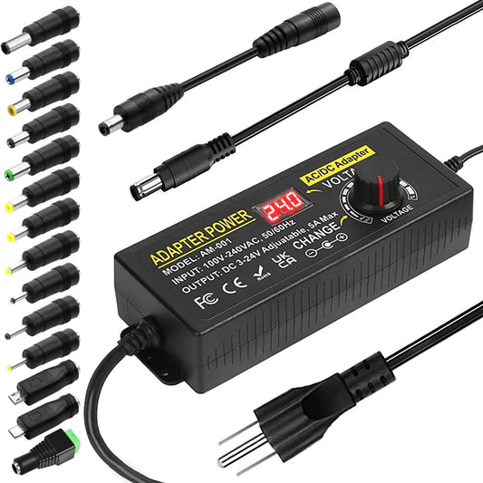 3V~24V 5A 120W Adjustable Power Supply Adapter,DC 3V 5V 6V 9V 12V 15V 18V 19V 20V 24V Universal AC/DC Adapter,100V-240V AC to DC Converter with 5.5x2.5mm 14 Tips for LED Strip Light CCTV