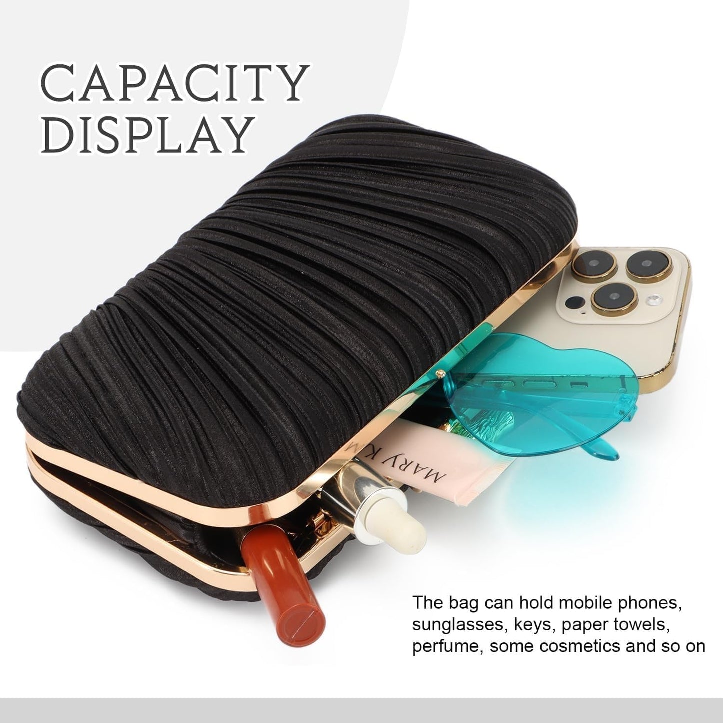 Clutch Purses for Women Evening Bag Pleated Clutch Bag with Chain Party Purses Handbag for Cocktail/Prom/Party/Wedding/Formal