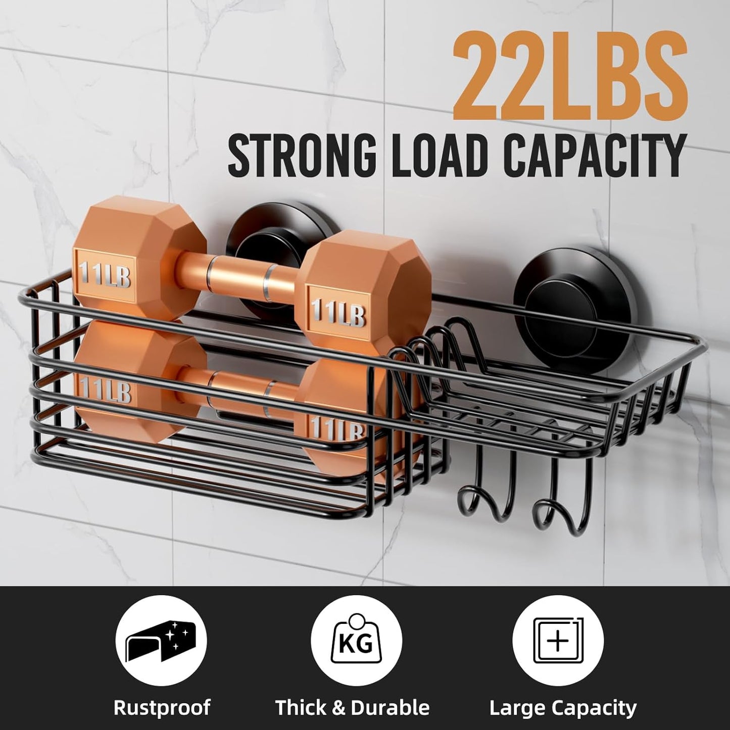 LEVERLOC Shower Caddy Suction Cup, 2 Pack Black Shower Shelf with Hooks and Soap Holder, NO-Drilling Bathroom Organizer, Rustproof Metal Bathroom Storage and Organization