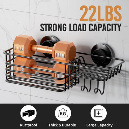 LEVERLOC Shower Caddy Suction Cup, 2 Pack Black Shower Shelf with Hooks and Soap Holder, NO-Drilling Bathroom Organizer, Rustproof Metal Bathroom Storage and Organization
