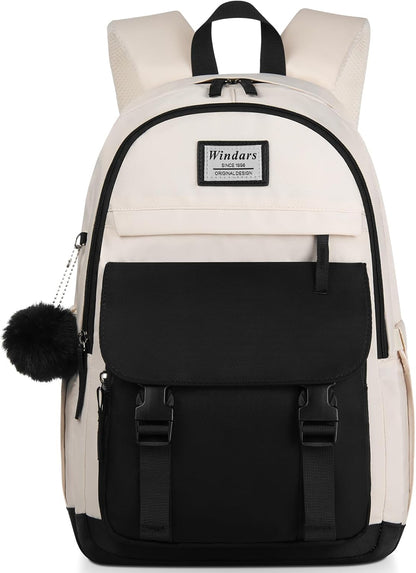 WINDARS School Backpack for Teen Girls, Cute College Backpacks for Women Students Aesthetic Bookbag Large 15.6 Inch Laptop Bag Middle School Travel Back Pack (Khaki Beige)
