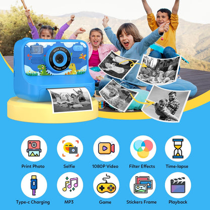 Instant Print Camera for Kids Age 3-12 Girls Boys 1080P Selfie HD Digital Video Cameras with 6 Print Paper & 32G Card Toddler Portable Travel Toys Camera for Christmas Birthday Gifts