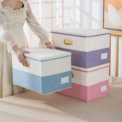 PRANDOM Large Foldable Storage Bin with Lid [1-Pack] Linen Fabric Decorative Storage Box Organizer Containers Basket Cube with Handles Divider for Bedroom Closet Office Living Room (17.7x11.8x11.8")