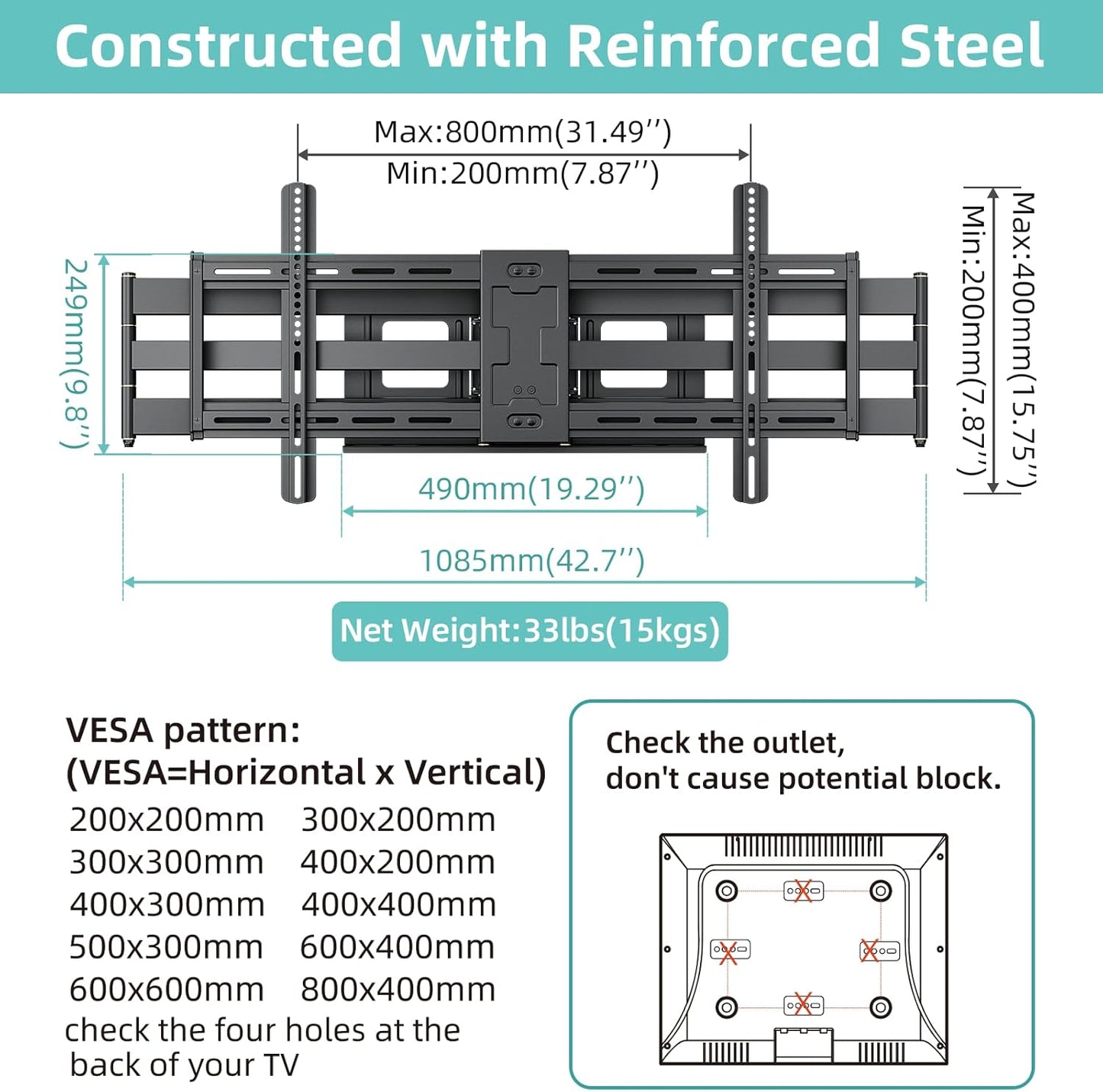 HCMOUNTING 40.9" Dual Articulating Long Arm TV Wall Mount for 42-90 inch TV, Heavy Duty Full Motion Swivel & Tilt & Extension Wall Mount TV Bracket, Holds up to 179 lbs, Max Vesa 800x400mm