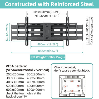 HCMOUNTING 40.9" Dual Articulating Long Arm TV Wall Mount for 42-90 inch TV, Heavy Duty Full Motion Swivel & Tilt & Extension Wall Mount TV Bracket, Holds up to 179 lbs, Max Vesa 800x400mm