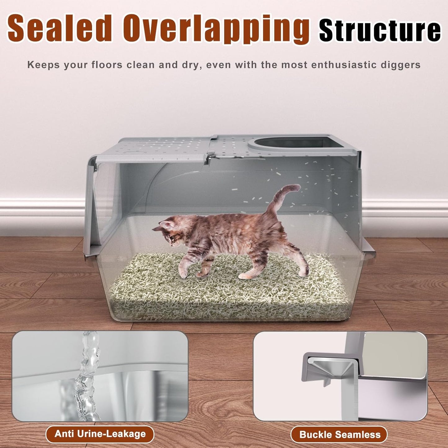Stainless Steel Cat Litter Box with Lid, 180° Flip Top XL Enclosed Litter Box with Trapping Mat & Metal Scoop, Front Top Dual Entry Steel Extra Large Cat Litter Pan (Grey, X-Large)