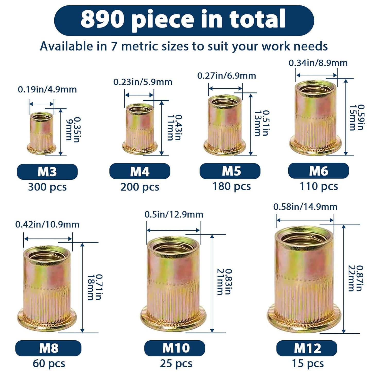 Vifmy Metric & SAE Rivet Nut Assortment Kit(420 Pcs),m3 m4 m5 m6 m8 m10 m12#6-32#8-32#10-24 1/4"-20 5/16"-18 3/8"-16 UNC Flat Head Rivnut Set,Zinc Plated Finish Carbon Steel Nutsert