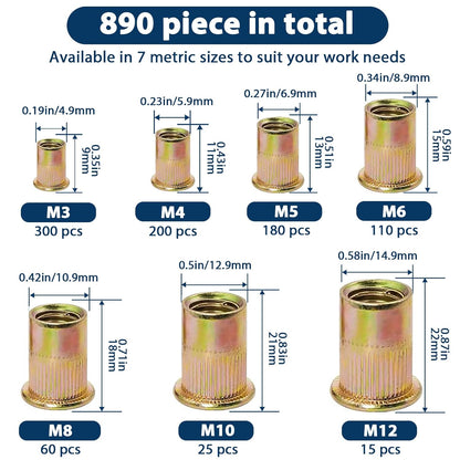 Vifmy Metric & SAE Rivet Nut Assortment Kit(420 Pcs),m3 m4 m5 m6 m8 m10 m12#6-32#8-32#10-24 1/4"-20 5/16"-18 3/8"-16 UNC Flat Head Rivnut Set,Zinc Plated Finish Carbon Steel Nutsert