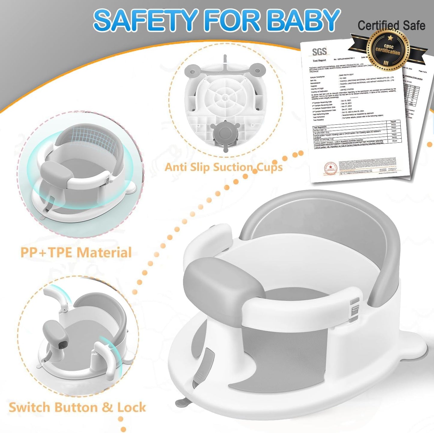 Baby Bath Seat for Babies 6 Months & up, Non-Slip Toddler Bath Seats for Babies Sitting Up,Safe Infant & Newborn Baby Bath Chair Support for Bathtub/Living Room/Shower Room, Grey