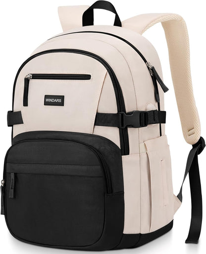 WINDARS Backpack for School Girls, Cute High School Backpacks for Teens Women Student Large Bookbag 15.6 Inch Laptop Bag with USB Charger Port for College Work Travel Trip (Beige Khaki)