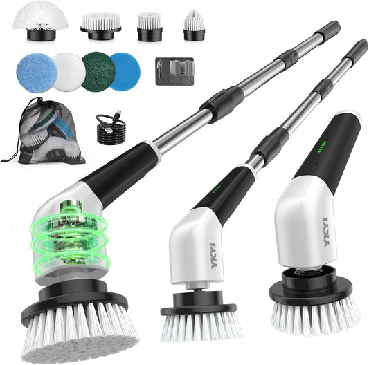 YKYI Electric Spin Scrubber,Cordless Electric Cleaning Brush,Shower Scrubber with 8 Replaceable Brush Heads,Power Scrubber 2 Adjustable Speeds,Bathroom Brush with Long Handle for Bathtub,Tile,Floor