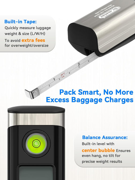Luggage Scale, Dr.meter Digital Hanging Weight Scale with Tape Ruler, Portable Suitcase Scale 110lb/50kg Backlight LCD Display Electronic Scale Travel Essentials Traveler Gifts, Overload Alarm-Silver