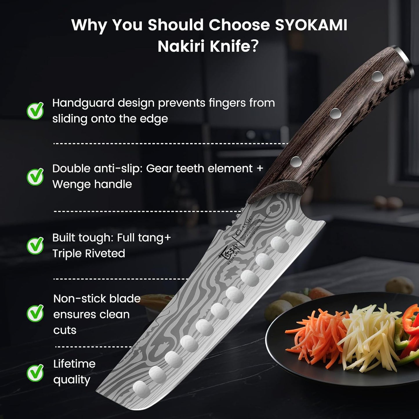SYOKAMI Meat Cleaver Chef Knife, 7.7 Inch Multifunction Butcher Knife with Herb Stripper and Sheath, Chinese Cleaver Heavy Duty Bone Chopper, Meat Cutting, Damascus Pattern Full Tang Wood Handle